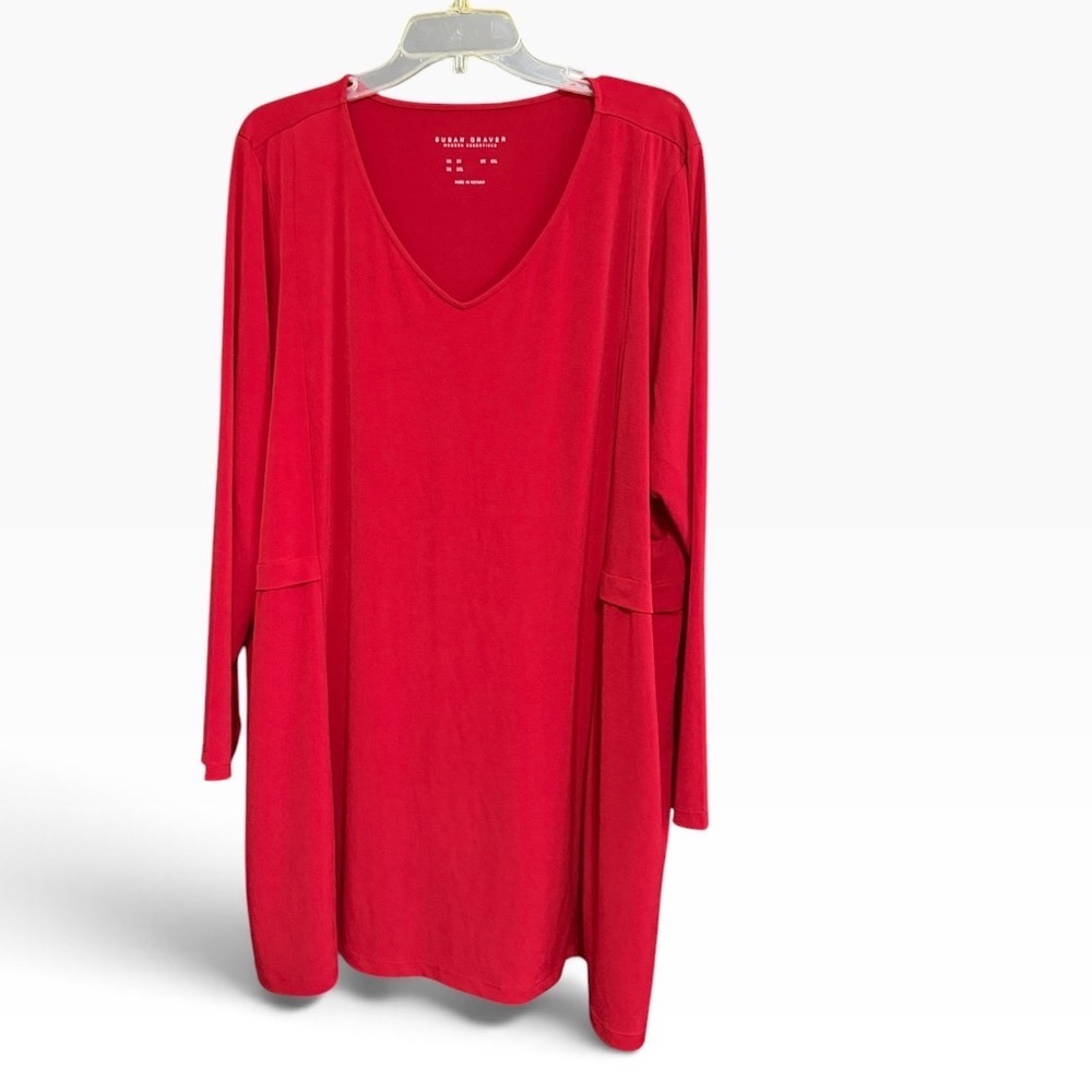 Susan Graver Tunic Top Women 3X Red V-Neck Long Sleeve Liquid Knit Modern Top